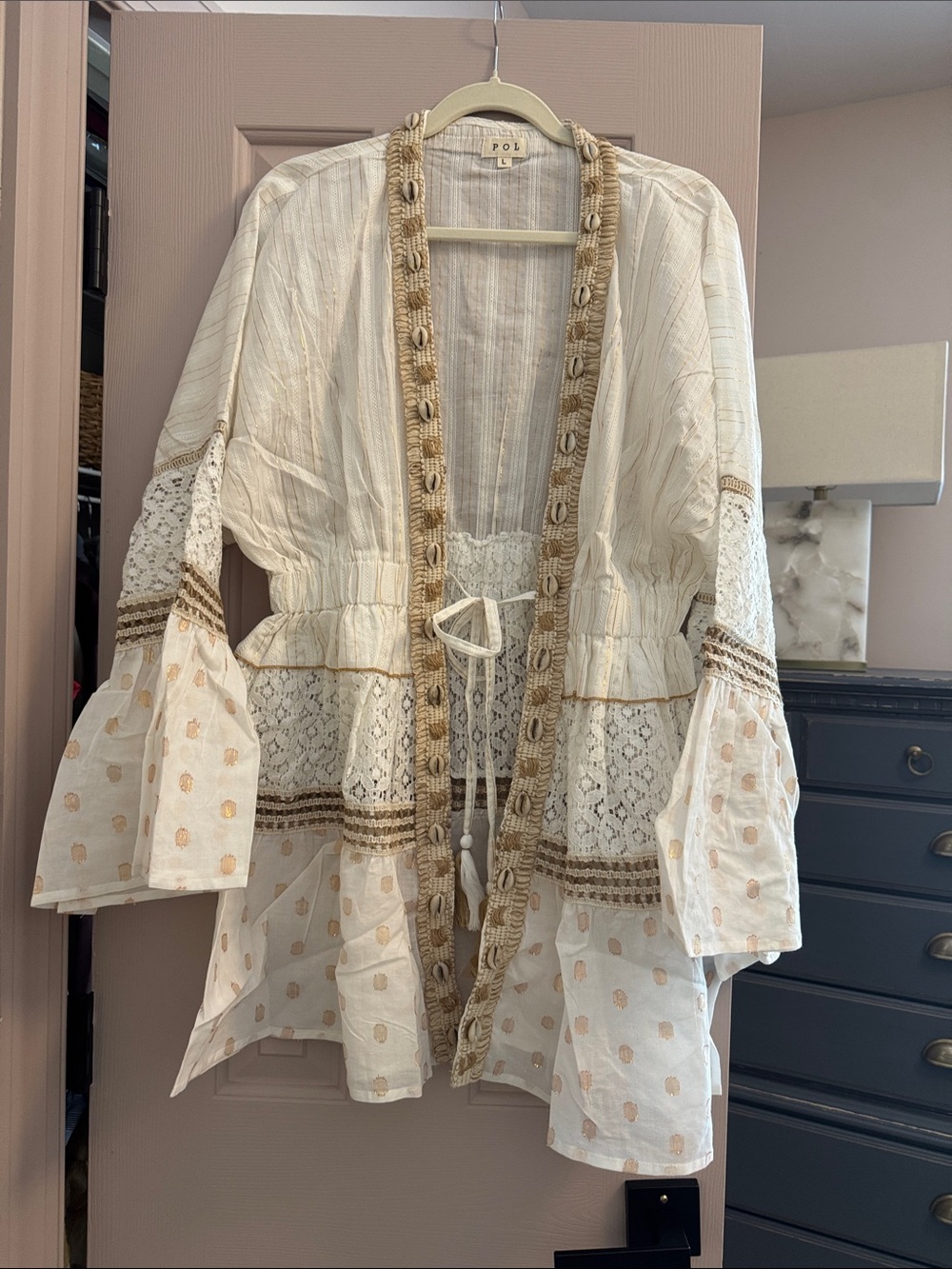 POL NWT bobo  Embroidered Cream Jacket with Tassel Tie
Size large